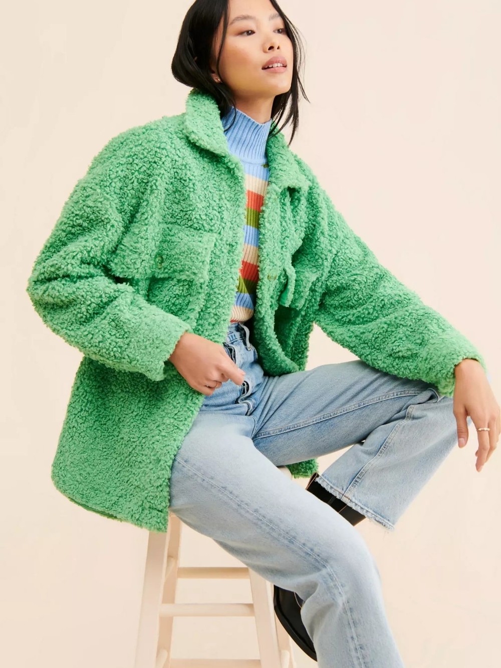 English Factory Fuzzy Oversized Teddy Sherpa Shirt Jacket Size Large Green